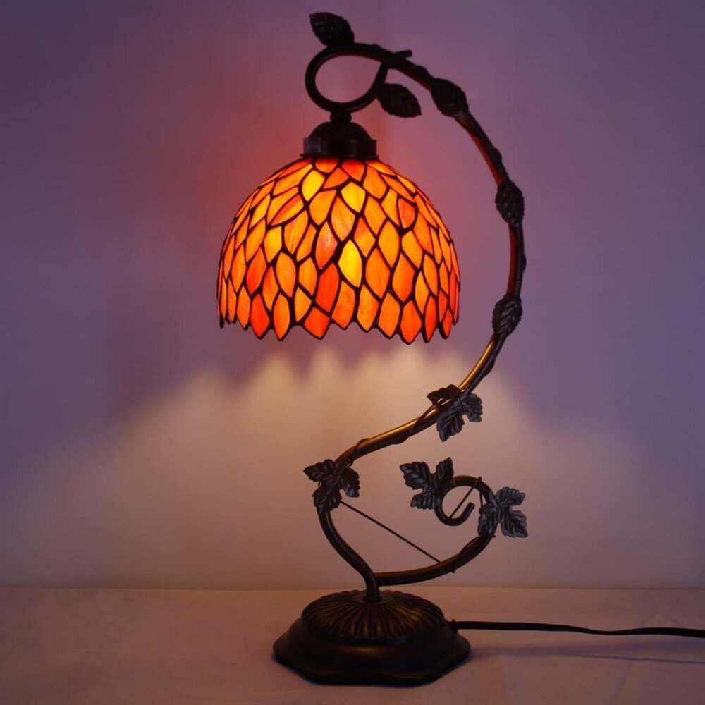 Tiffany Style Lamp Red Wisteria Stained Glass Table Lamp, Metal Leaf Base 21"